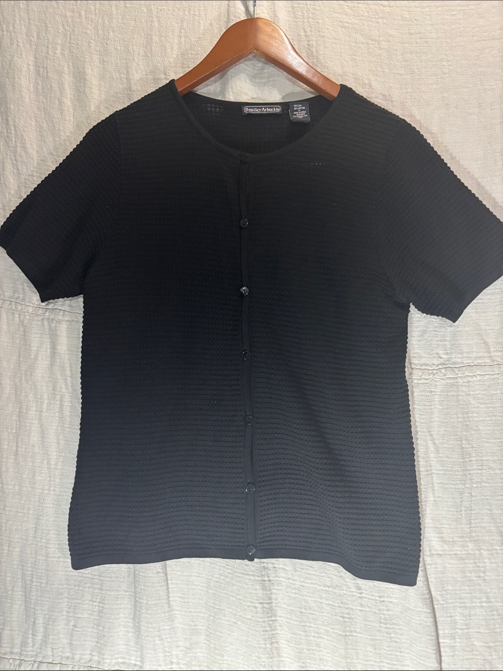 Bentley Arbuckle Black Short-Sleeve Button Front Cardigan 70% Silk 30% Cotton